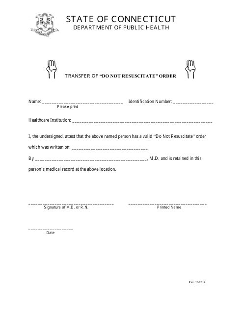 Transfer of "do Not Resuscitate" Order Form - Connecticut