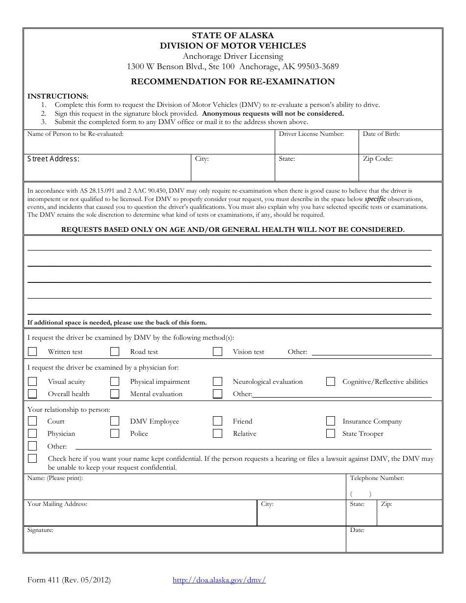 Form 411 Recommendation for Re-examination - Alaska, Page 1