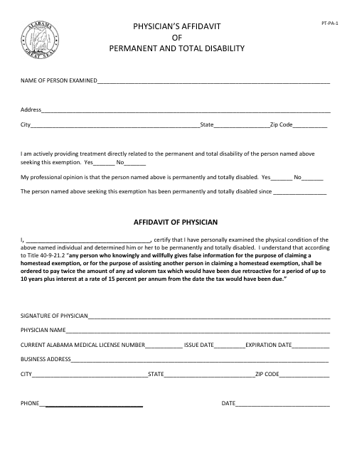 Form PT-PA-1 Physician's Affidavit of Permanent and Total Disability - Alabama