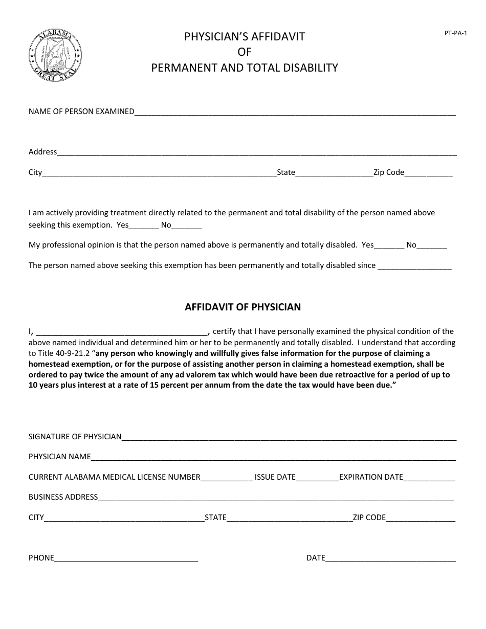 Form PT-PA-1 Physicians Affidavit of Permanent and Total Disability - Alabama, Page 1
