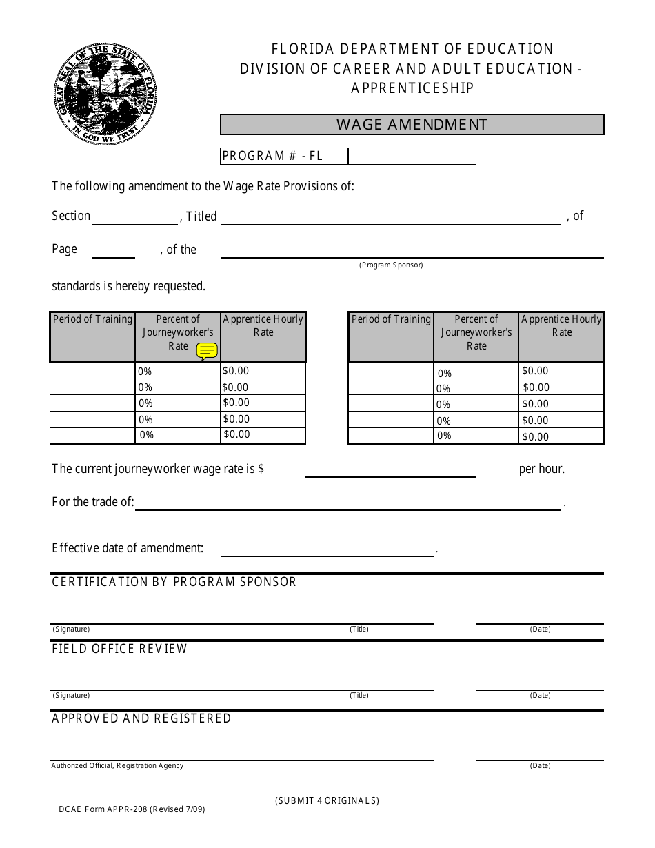 Form APPR-208 Wage Amendment by Percentages - Florida, Page 1