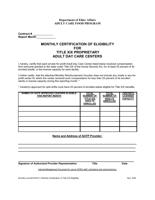 "Monthly Certification of Eligibility for Title Xix Proprietary Adult Day Care Centers - Adult Care Food Program" - Florida Download Pdf
