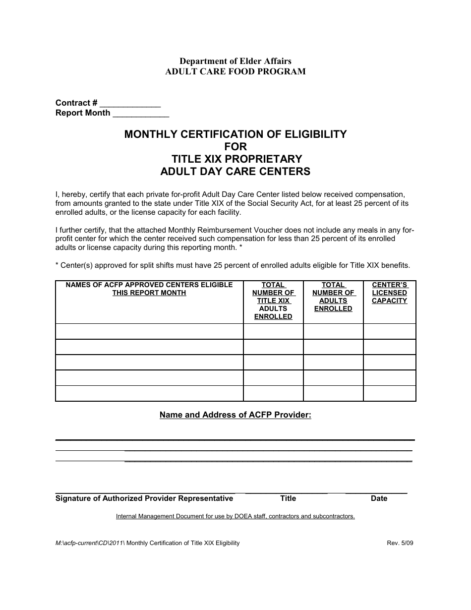 Monthly Certification of Eligibility for Title Xix Proprietary Adult Day Care Centers - Adult Care Food Program - Florida, Page 1