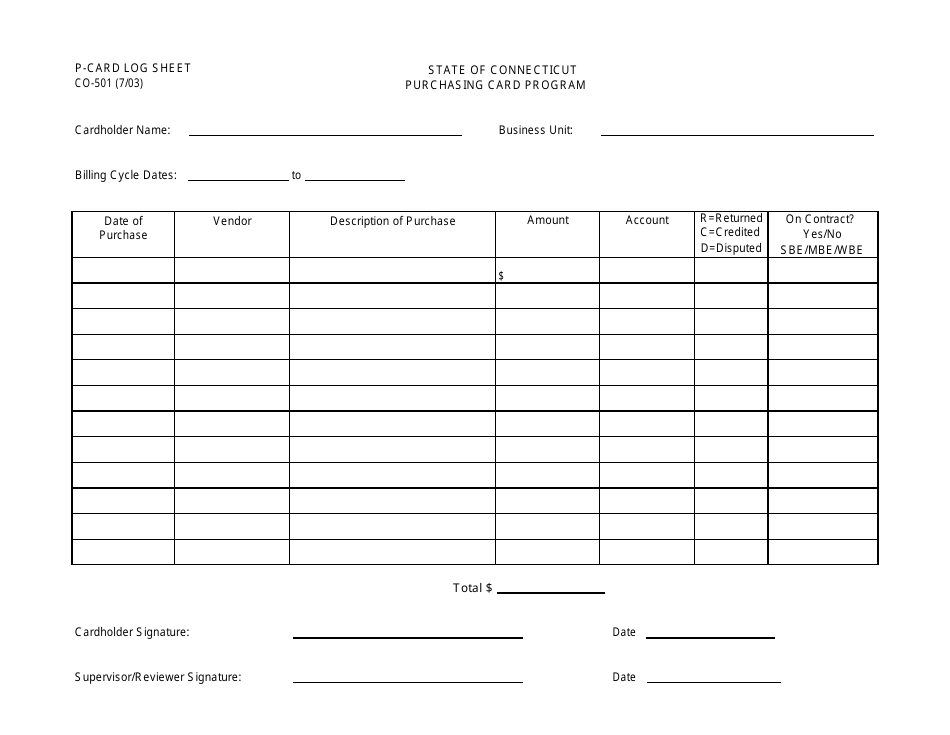 Form CO-501 P-Card Log Sheet - Purchasing Card Program - Connecticut, Page 1