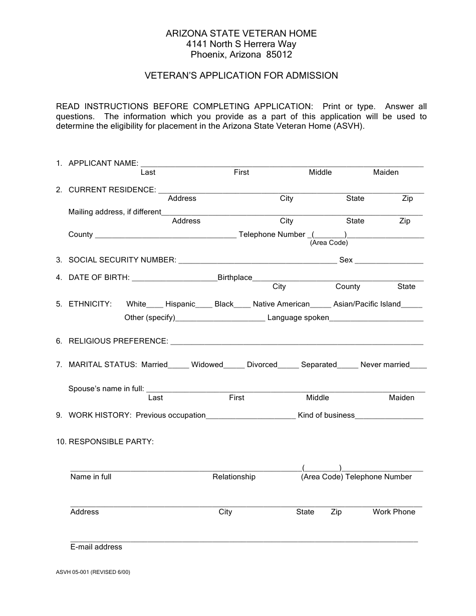 Form ASVH05-001 Veteran's Application for Admission - City of Phoenix, Arizona, Page 1