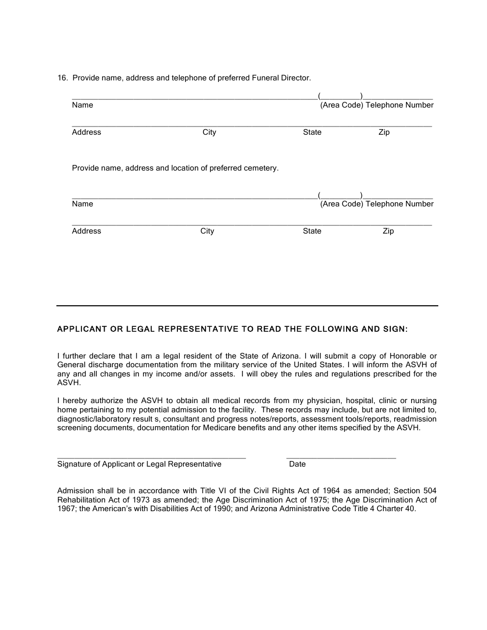Form ASVH05-001 Veterans Application for Admission - City of Phoenix, Arizona, Page 3