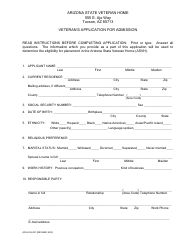 Form ASVH05-001 &quot;Veteran's Application for Admission&quot; - City of Tucson, Arizona
