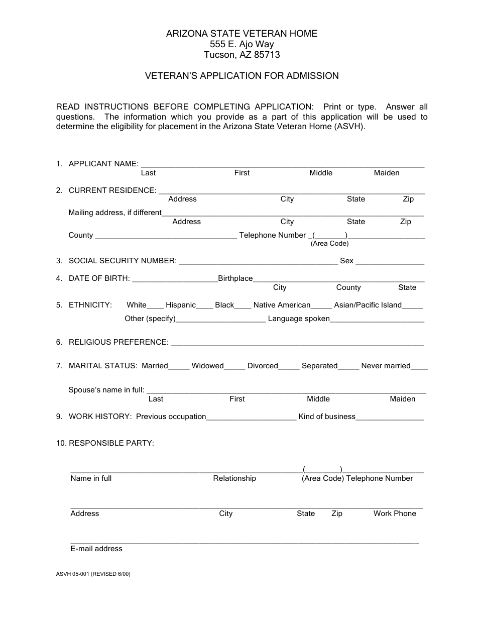 Form ASVH05-001 Veteran's Application for Admission - City of Tucson, Arizona, Page 1