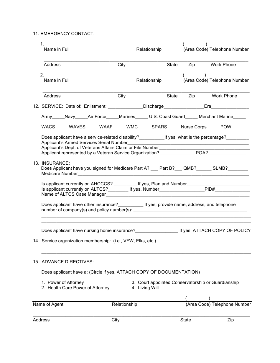 Form ASVH05-001 Veterans Application for Admission - City of Tucson, Arizona, Page 2