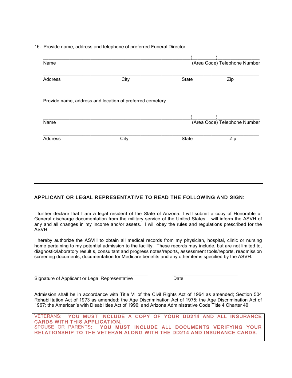 Form ASVH05-001 Veterans Application for Admission - City of Tucson, Arizona, Page 3