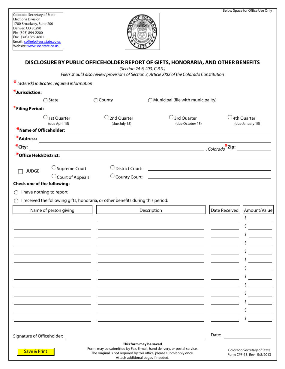 Form CPF-15 Disclosure by Public Officeholder Report of Gifts, Honoraria, and Other Benefits - Colorado, Page 1