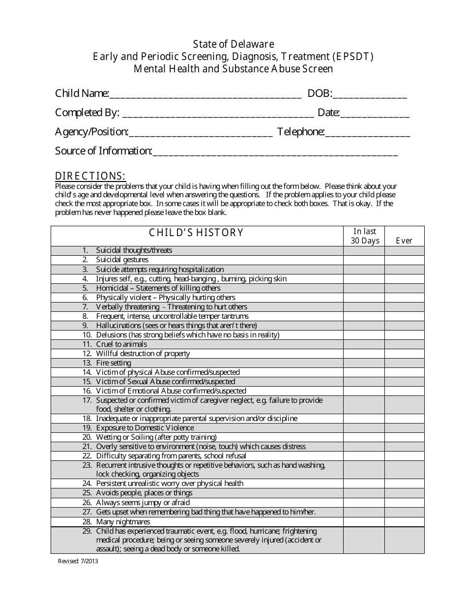 Delaware Mental Health and Substance Abuse Screen Form - Early and ...