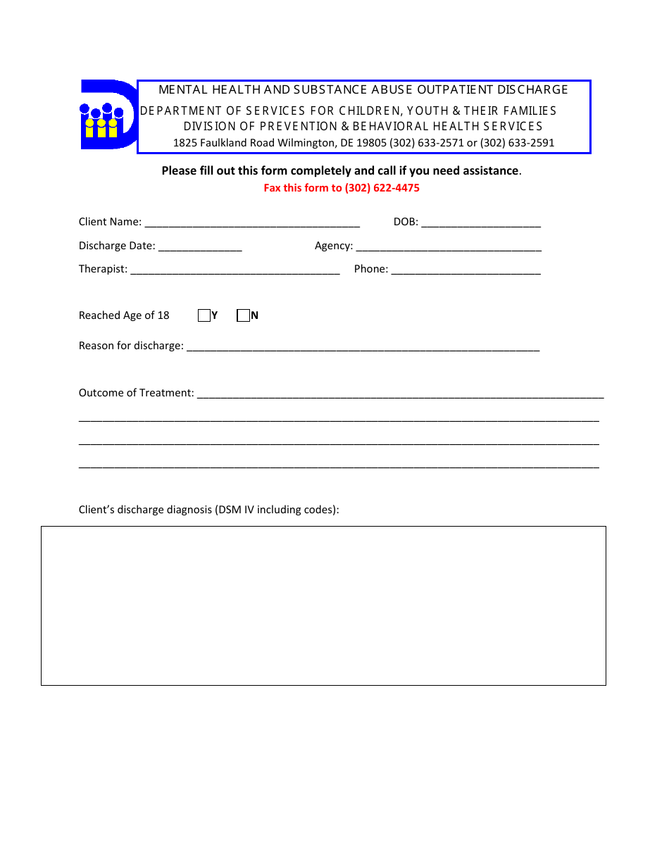 Mental Health and Substance Abuse Outpatient Discharge Form - Delaware, Page 1
