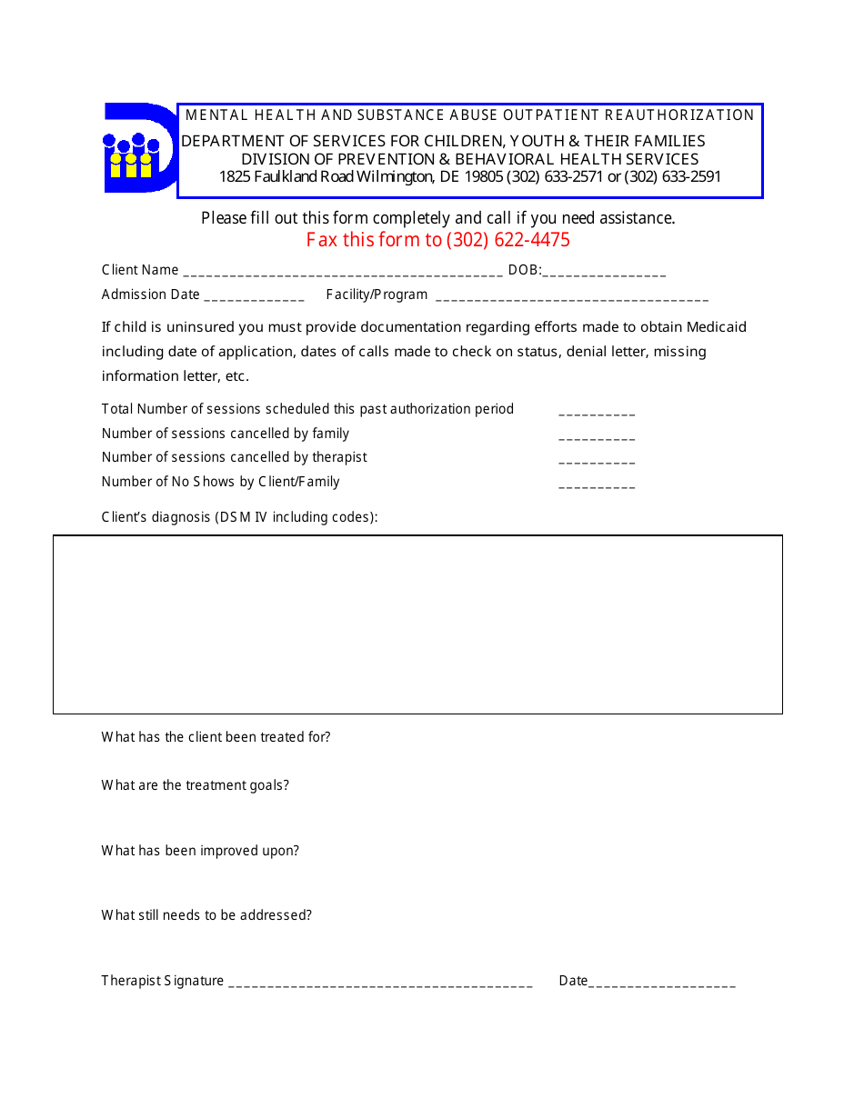 Mental Health and Substance Abuse Outpatient Reauthorization Form - Delaware, Page 1