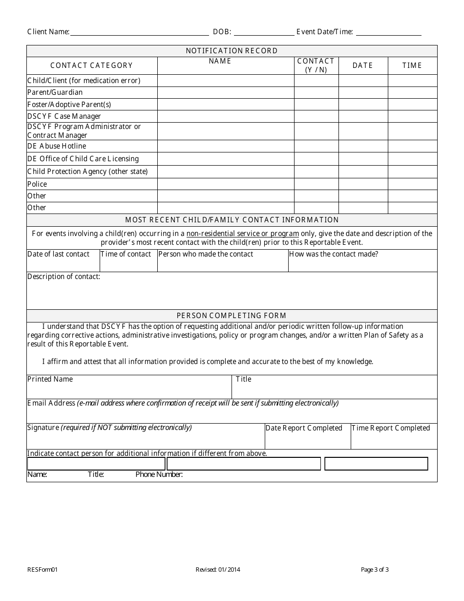 Reportable Event Summary Form - Delaware, Page 3