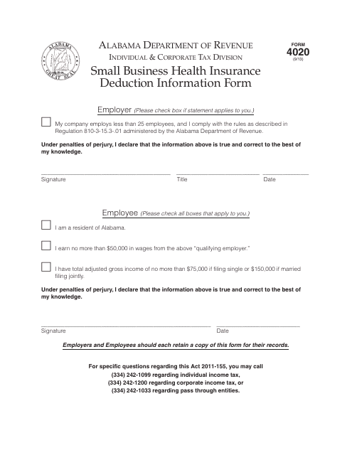 Form 4020 Small Business Health Insurance Deduction Information Form - Alabama