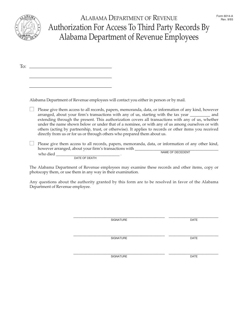 Form 6014-A Authorization for Access to Third Party Records by Alabama Department of Revenue Employees - Alabama, Page 1