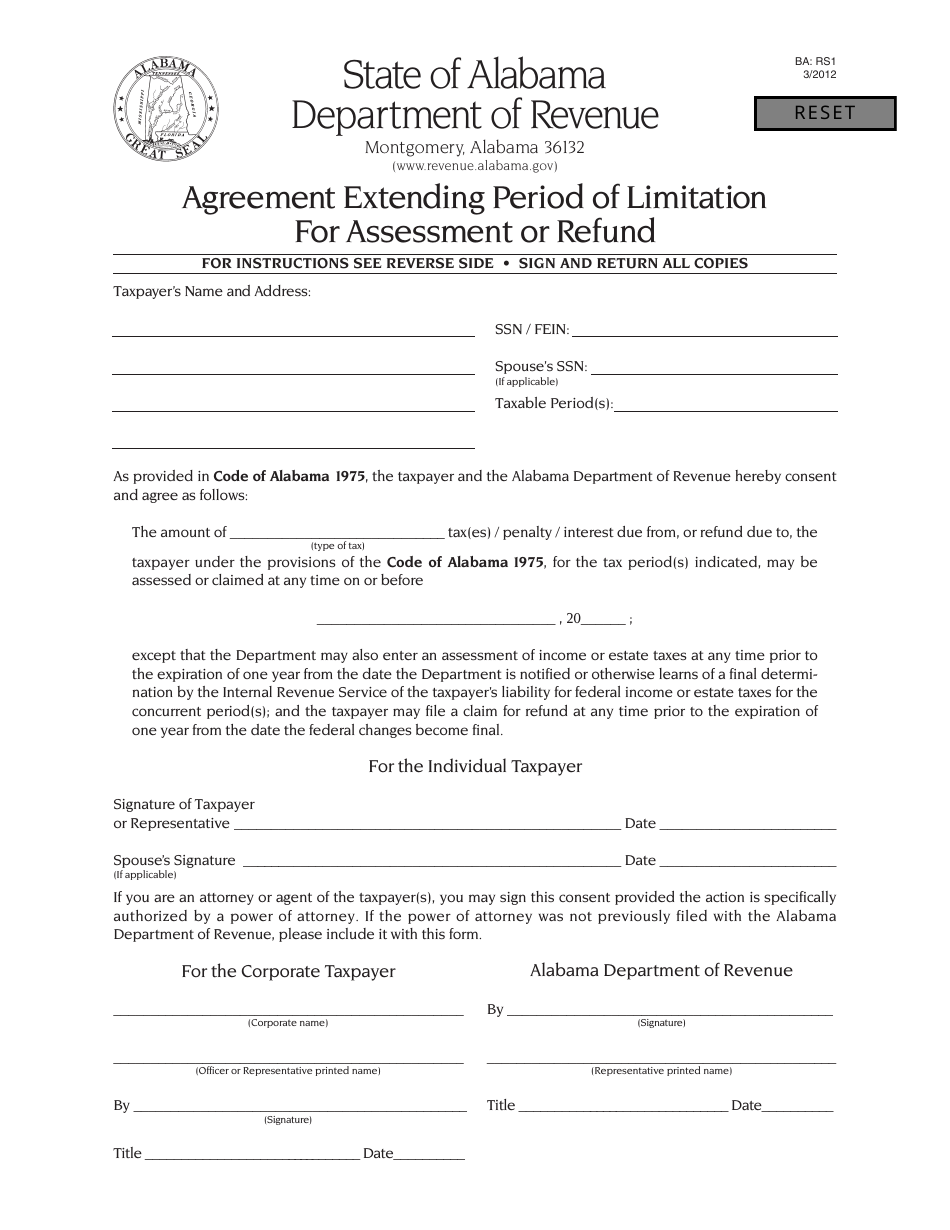 Form BA: RS1 Agreement Extending Period of Limitation for Assessment or Refund - Alabama, Page 1