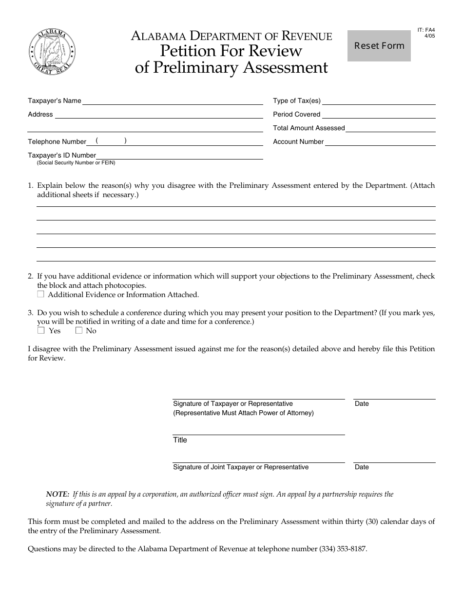 Form IT: FA4 Petition for Review of Preliminary Assessment - Alabama, Page 1