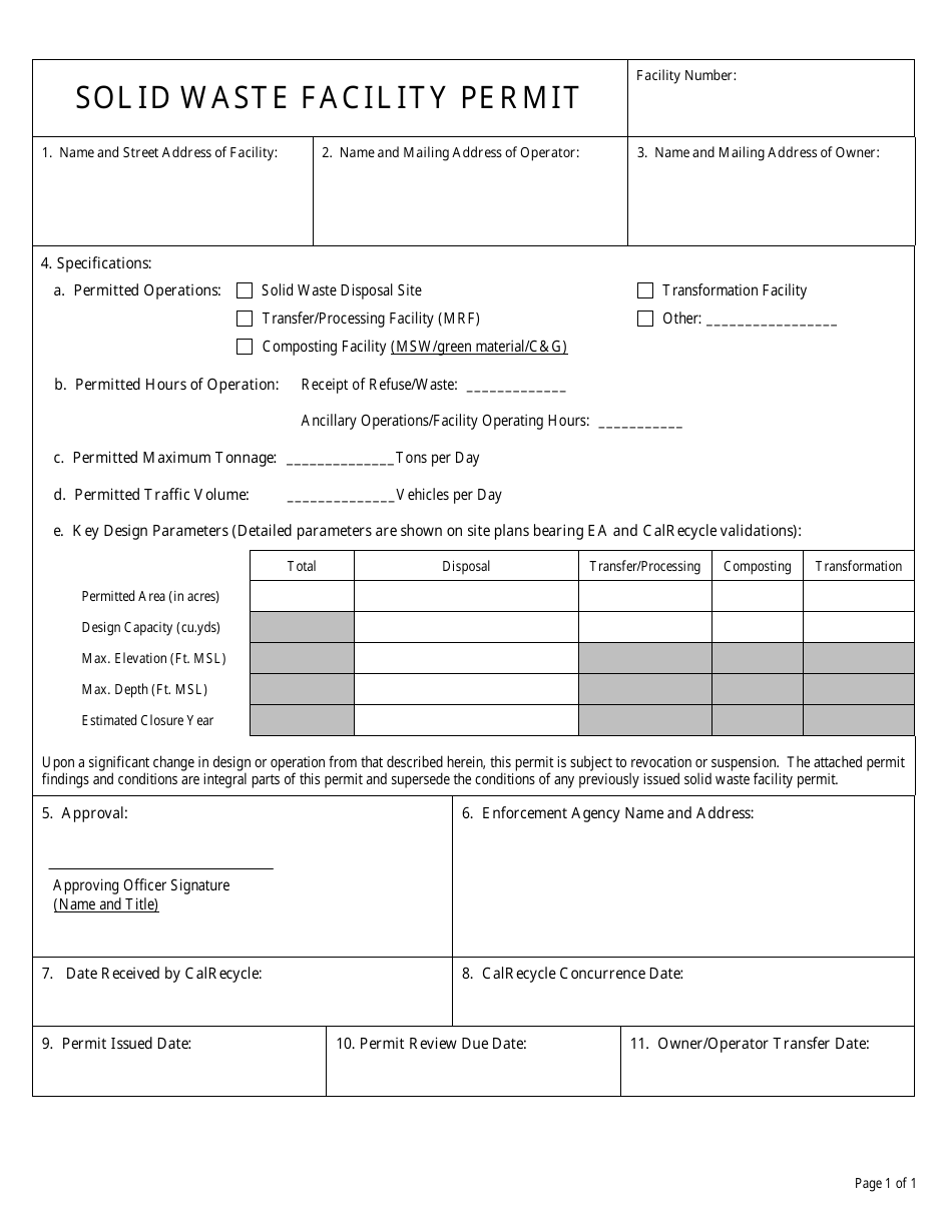 California Solid Waste Facility Permit Reissuance Cover Page Fill Out