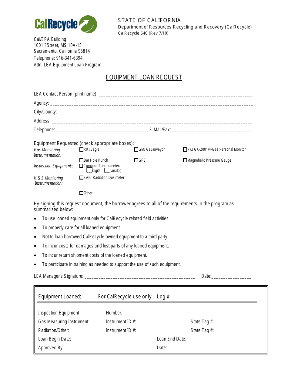 Form CalRecycle640 Equipment Loan Request - California, Page 1