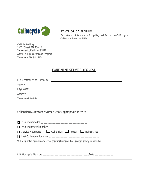 Form CalRecycle720 Equipment Service Request - California