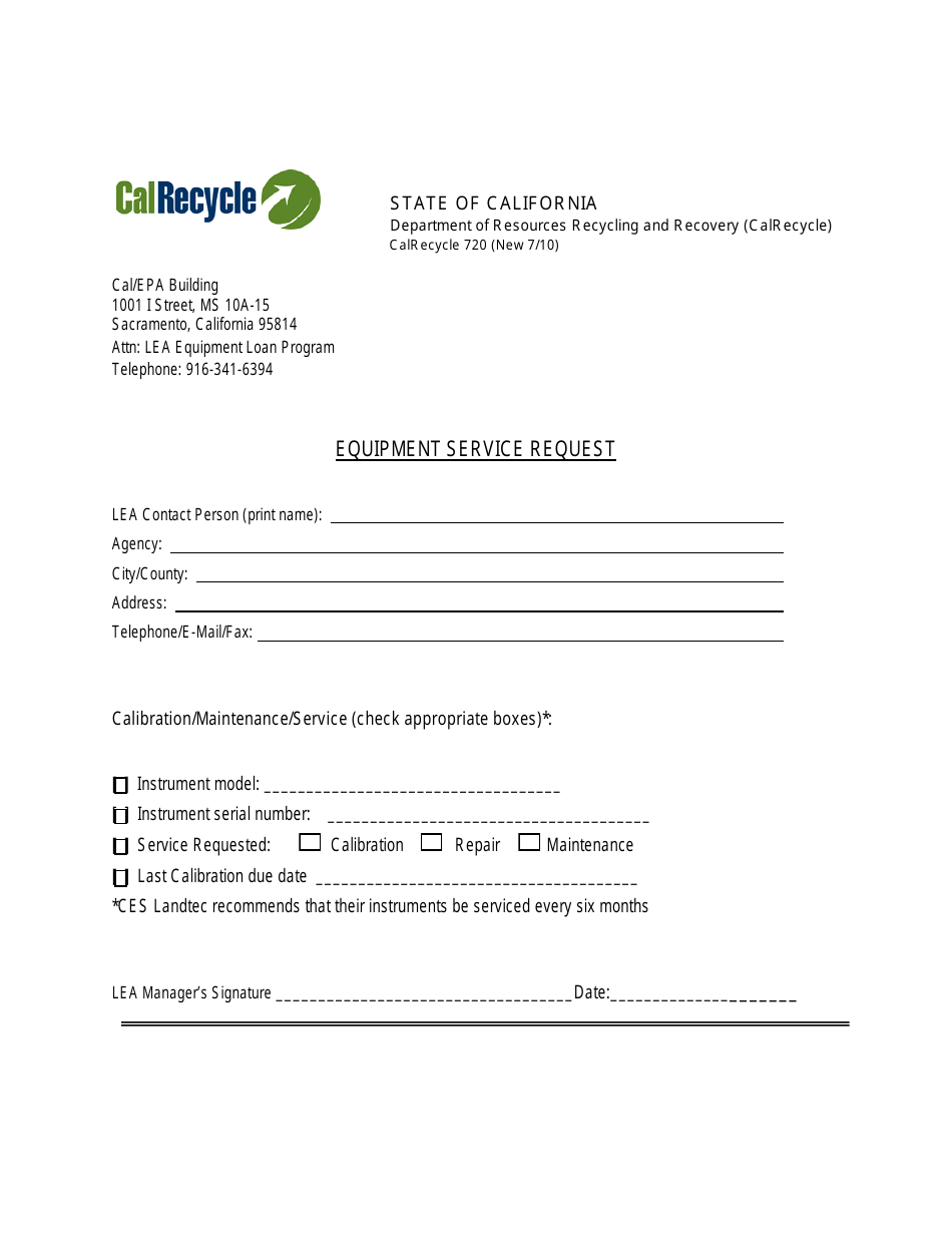 Form CalRecycle720 Equipment Service Request - California, Page 1