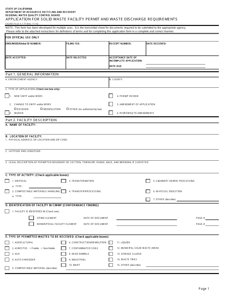 Form CALRECYCLE E-1-77 Application for Solid Waste Facility Permit and Waste Discharge Requirements - California, Page 1