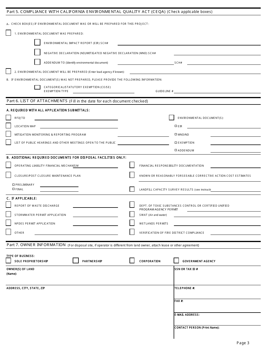 Form CALRECYCLE E-1-77 Application for Solid Waste Facility Permit and Waste Discharge Requirements - California, Page 3