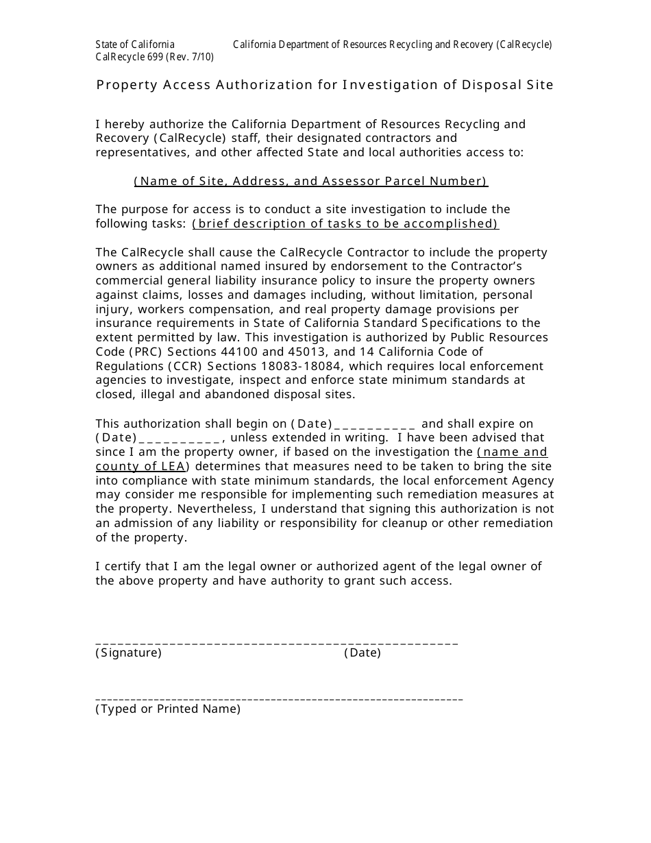 Form CalRecycle699 Property Access Authorization for Investigation of Disposal Site - California, Page 1