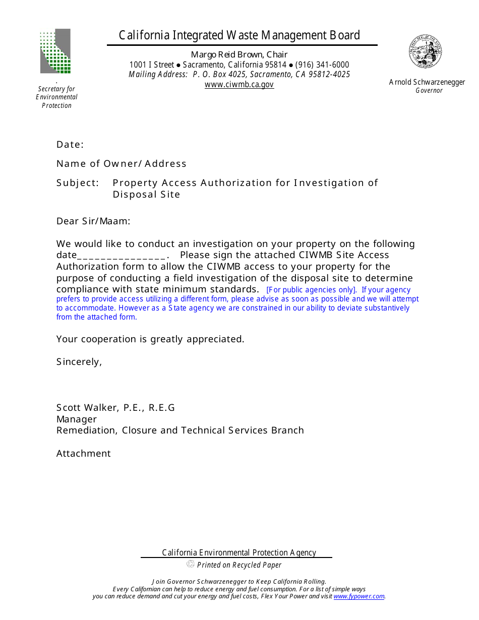 Property Access Authorization for Investigation of Disposal Site - Cover Letter - California, Page 1