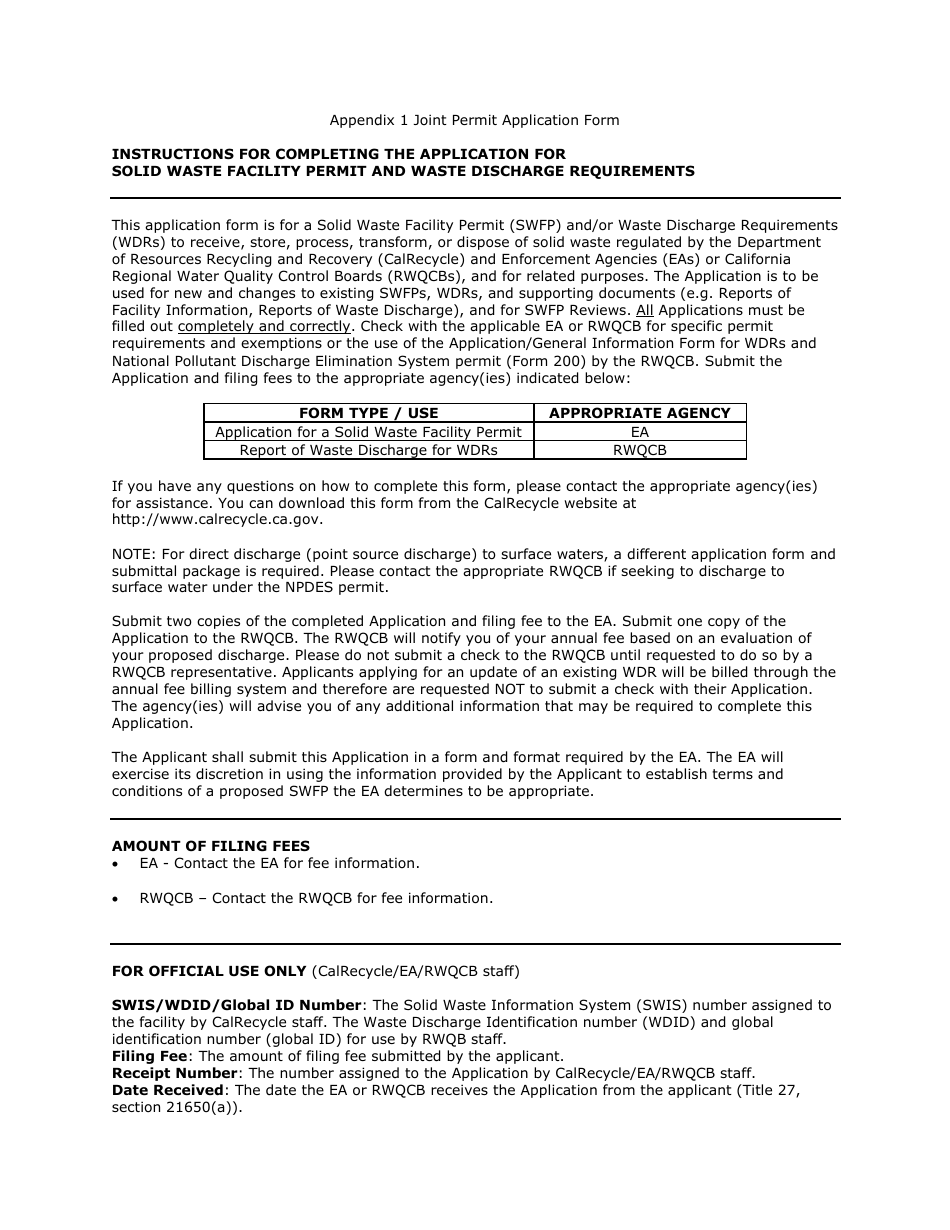 Instructions for Form CALRECYCLE E-1-77 Application for Solid Waste Facility Permit and Waste Discharge Requirements - California, Page 1