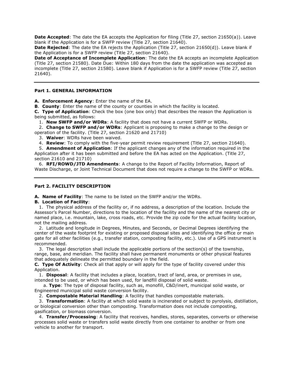 Instructions for Form CALRECYCLE E-1-77 Application for Solid Waste Facility Permit and Waste Discharge Requirements - California, Page 2