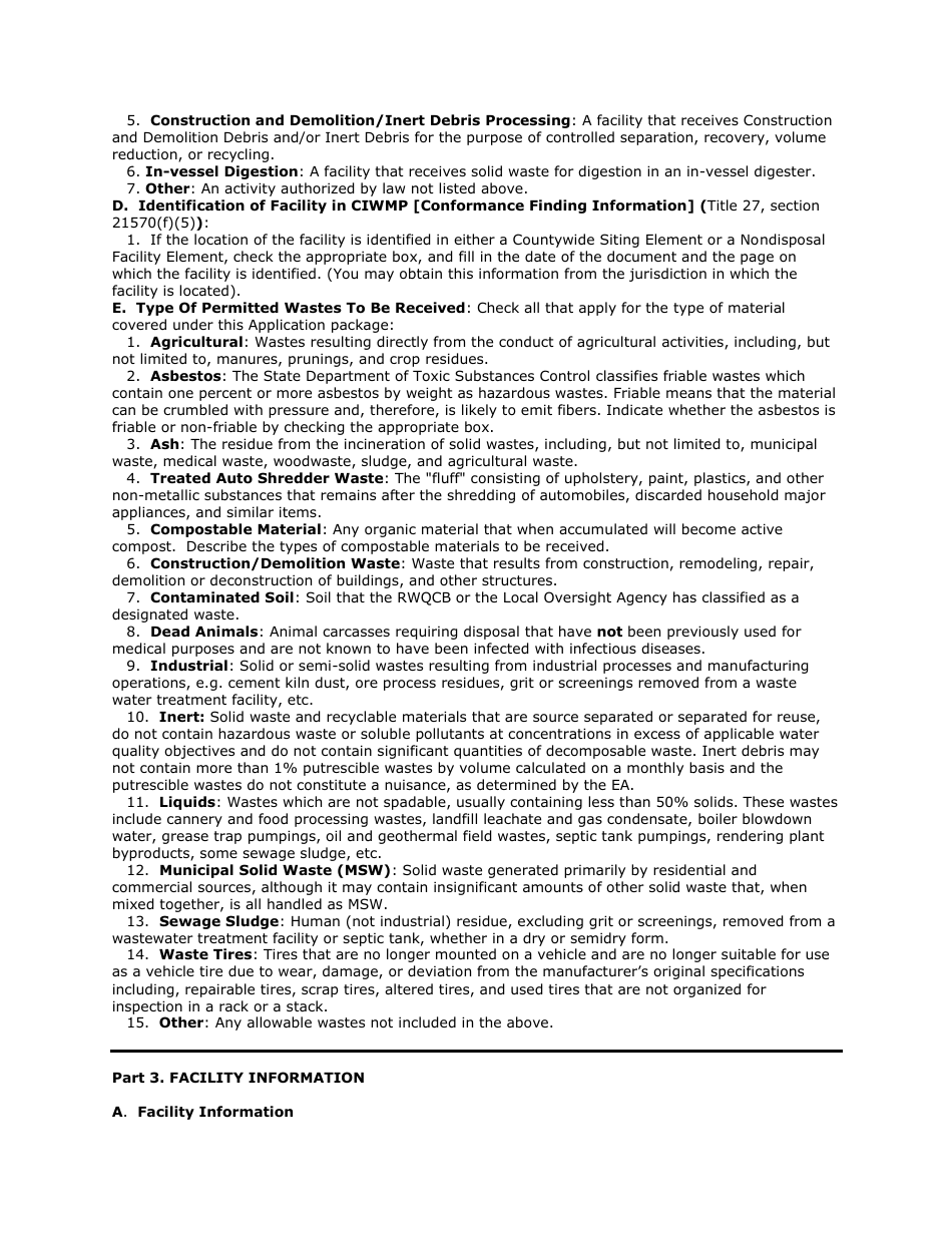 Instructions for Form CALRECYCLE E-1-77 Application for Solid Waste Facility Permit and Waste Discharge Requirements - California, Page 3