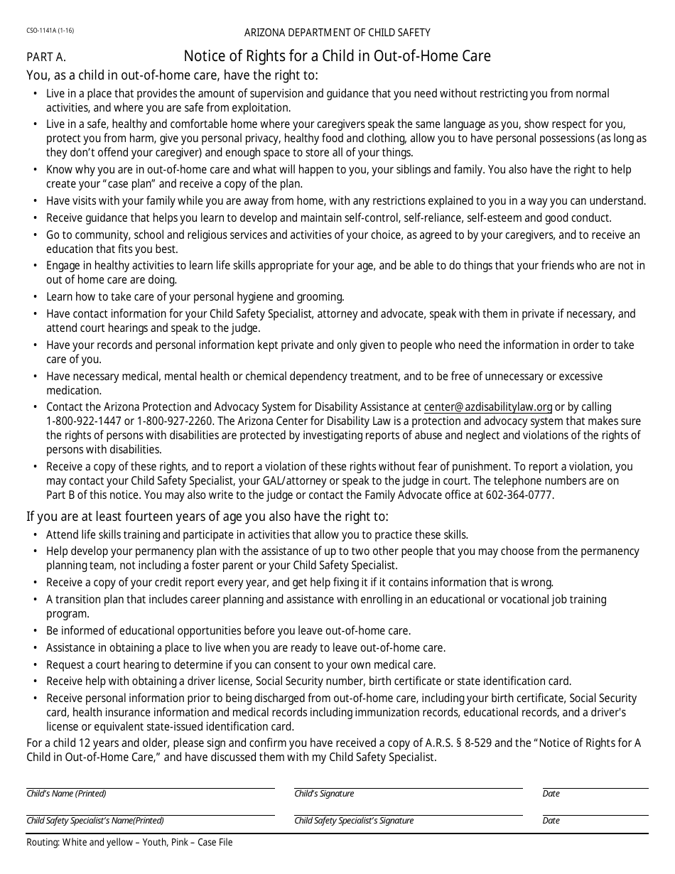 Form CSO-1141A Notice of Rights for a Child in out-Of-Home Care - Arizona, Page 1