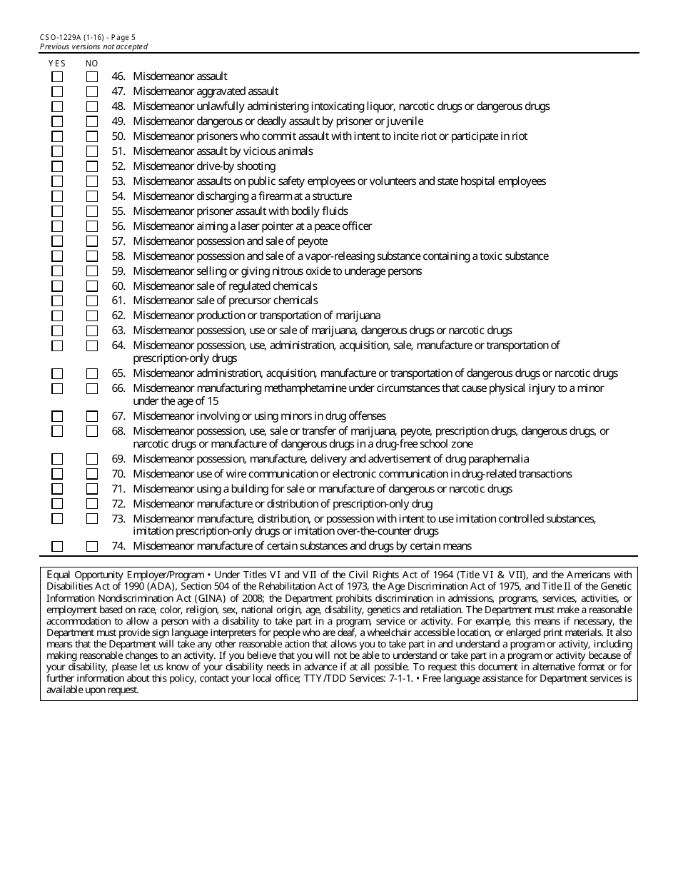 Form CSO-1229A Criminal History Self Disclosure Affidavit - Arizona, Page 5
