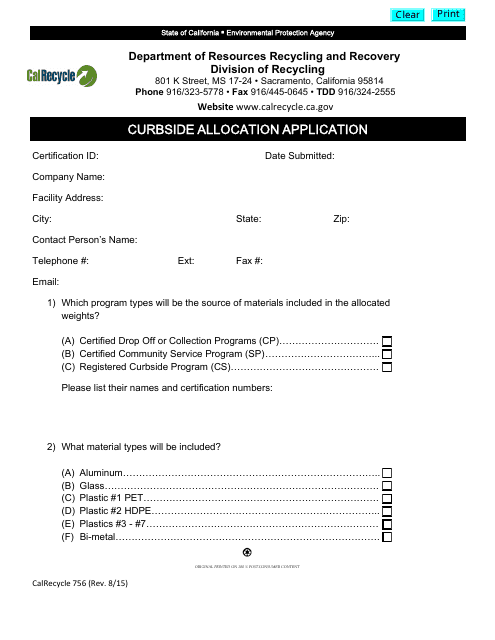 Form CalRecycle756 Curbside Allocation Application - California