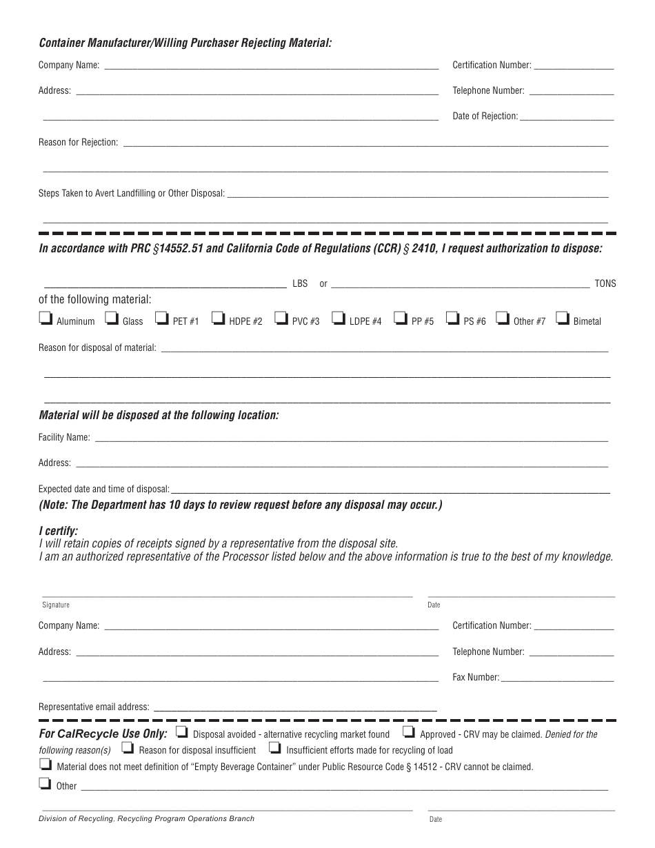 Form CalRecycle874 Rejection  Request to Dispose of Empty Beverage Containers - California, Page 2