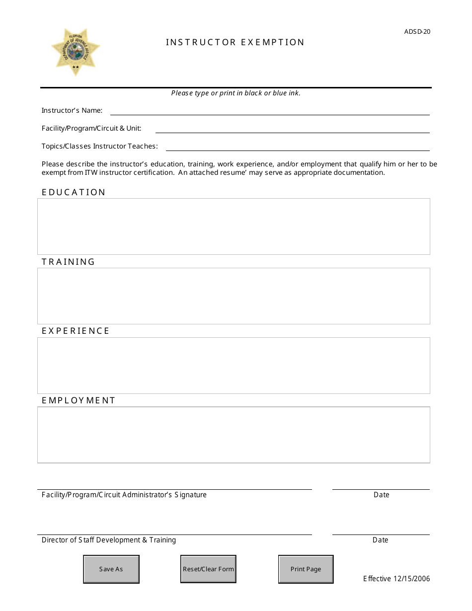 Form ADSD-20 Instructor Exemption - Florida, Page 1