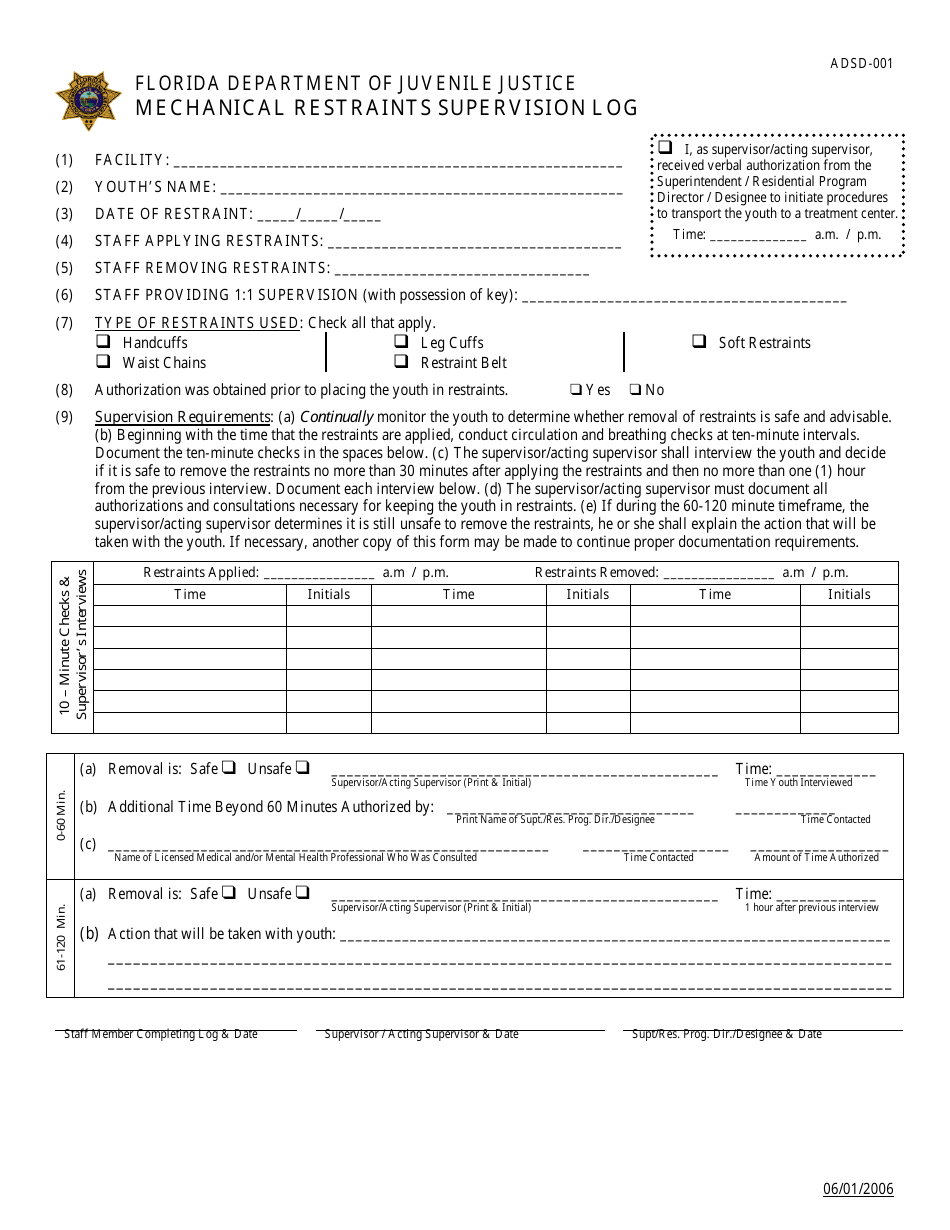 DJJ Form ADSD-001 Mechanical Restraints Supervision Log - Florida, Page 1