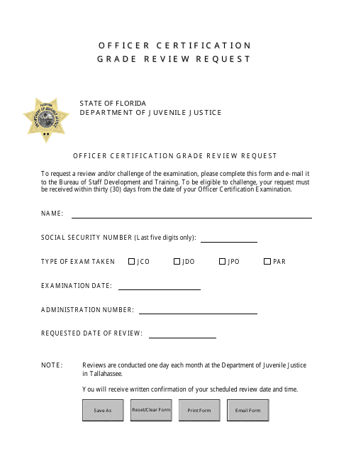 Officer Certification Grade Review Request Form - Florida Download Pdf