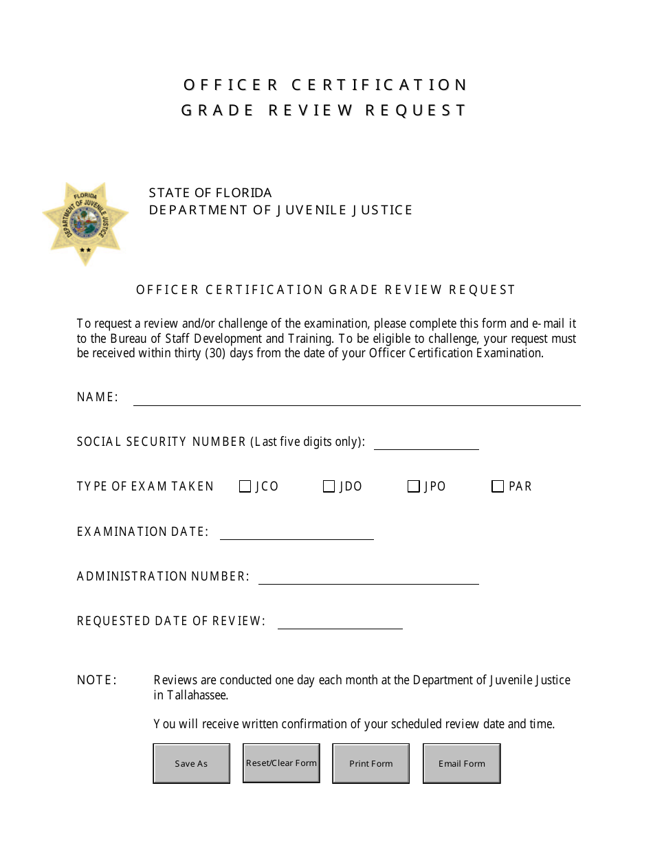 Officer Certification Grade Review Request Form - Florida, Page 1