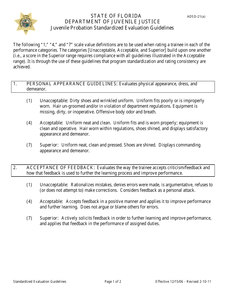 DJJ Form ADSD-21(A) Juvenile Probation Standardized Evaluation Guidelines - Florida, Page 1