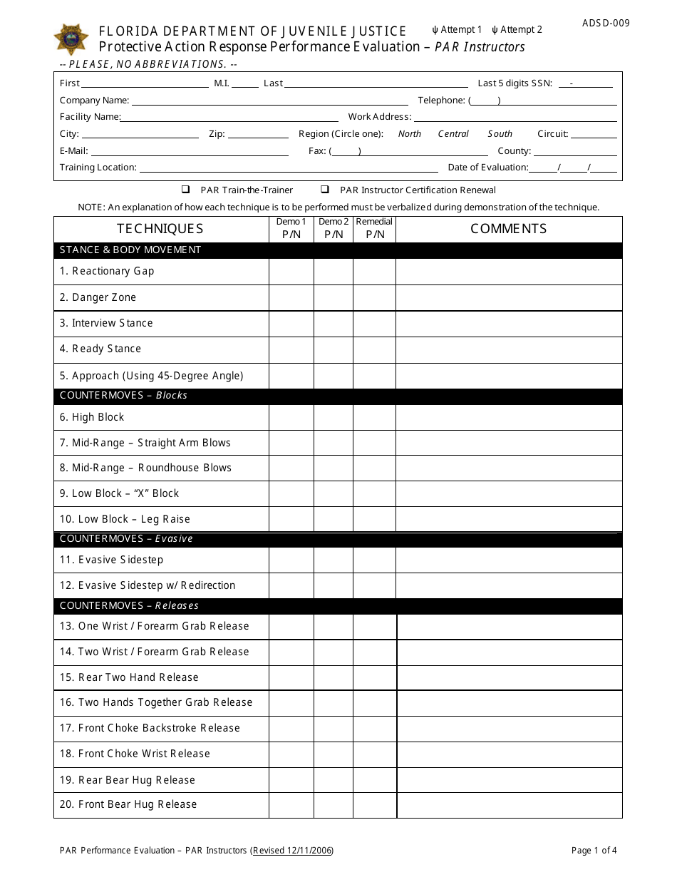 DJJ Form ADSD-0009 Protective Action Response Performance Evaluation - Par Instructors - Florida, Page 1