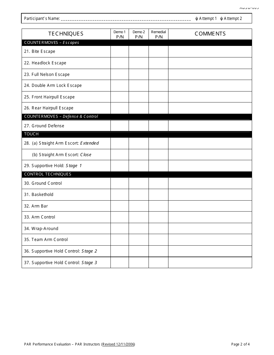 DJJ Form ADSD-0009 Protective Action Response Performance Evaluation - Par Instructors - Florida, Page 2