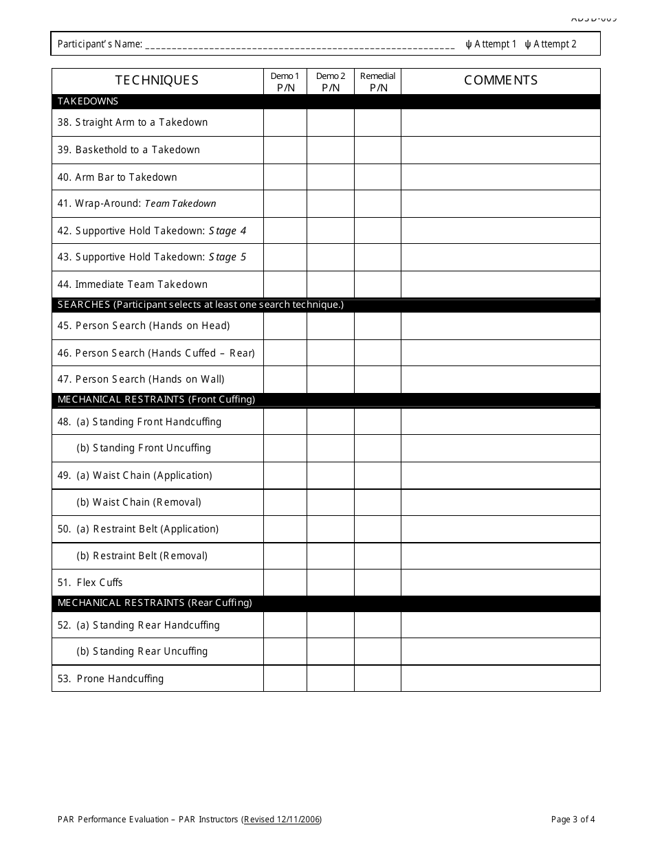 DJJ Form ADSD-0009 Protective Action Response Performance Evaluation - Par Instructors - Florida, Page 3