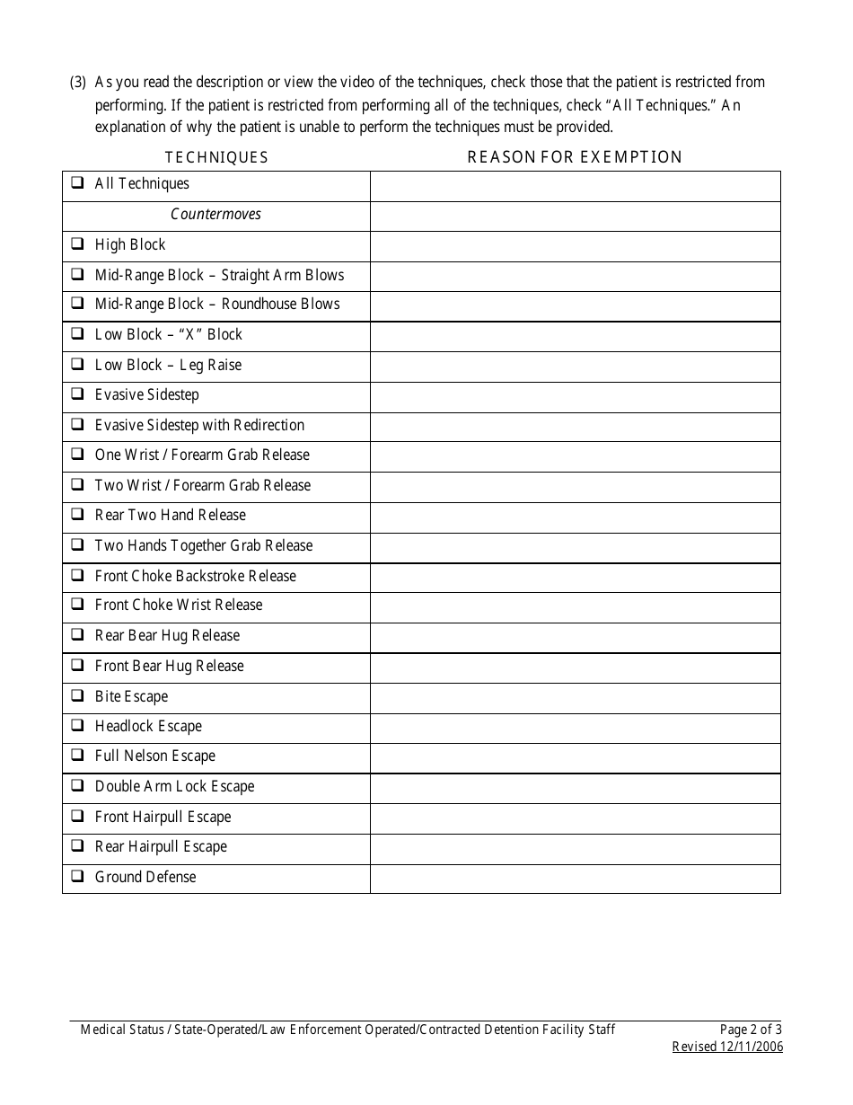 Form ADSD-003 Protective Action Response Medical Status - Florida, Page 2