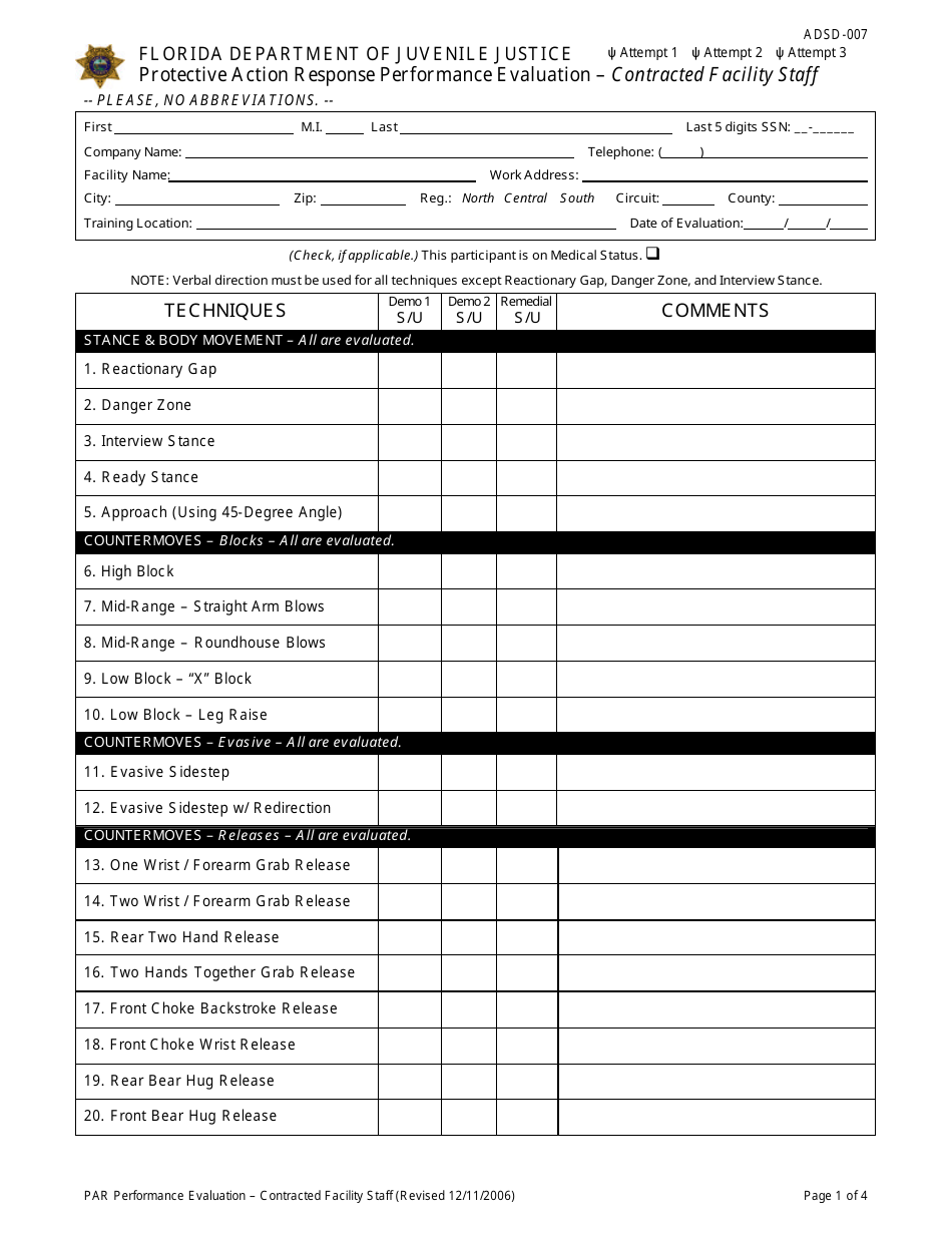 DJJ Form ADSD-007 Protective Action Response Performance Evaluation - Contracted Facility Staff - Florida, Page 1