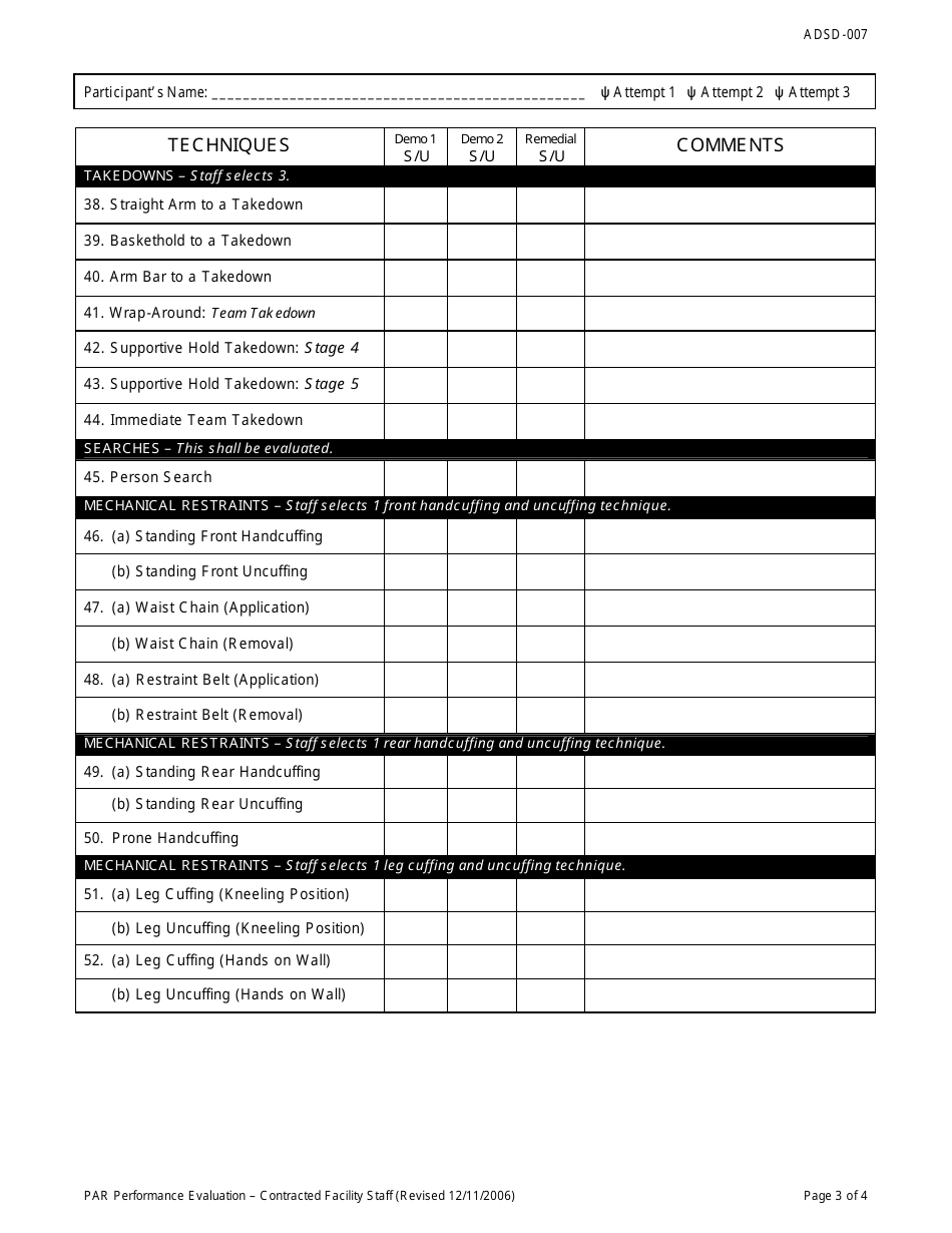 DJJ Form ADSD-007 Protective Action Response Performance Evaluation - Contracted Facility Staff - Florida, Page 3