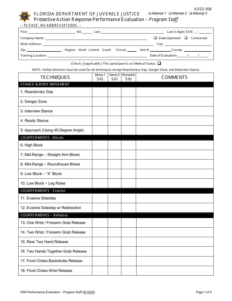 DJJ Form ADSD-008 Protective Action Response Performance Evaluation - Program Staff - Florida, Page 1